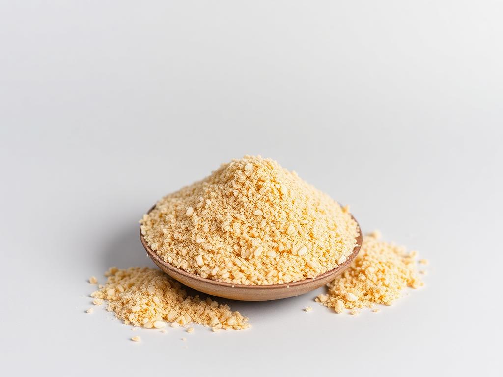 Coarse golden-brown corn gluten feed meal heaped in a shallow dish on a neutral studio background