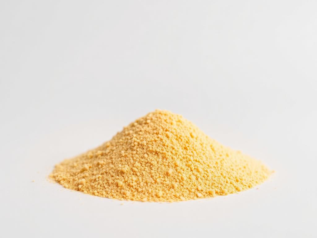 Fine golden-yellow corn gluten meal powder heaped on a neutral studio background
