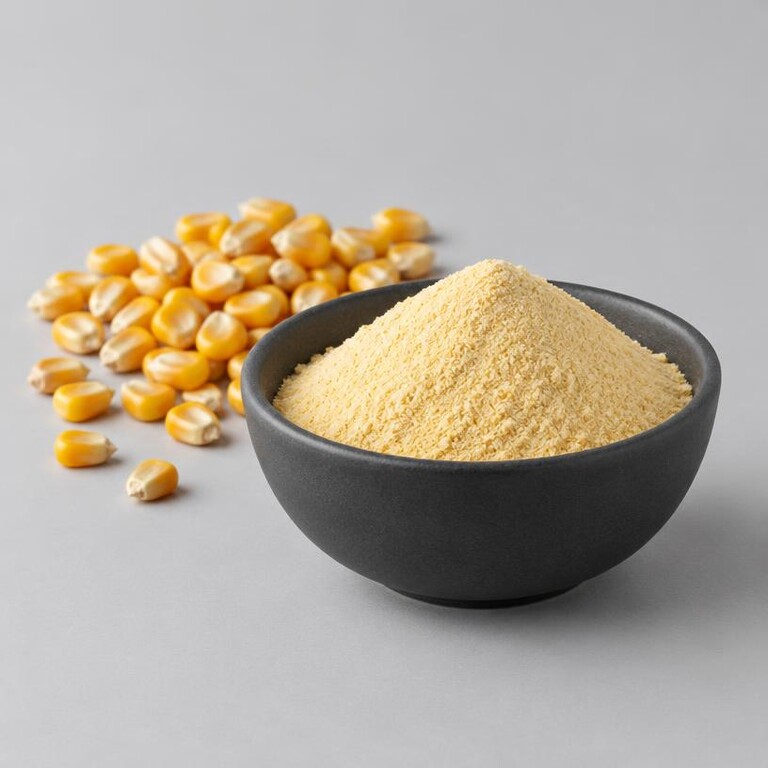 Illustrative studio sample of light golden Corn Peptide powder beside corn kernels