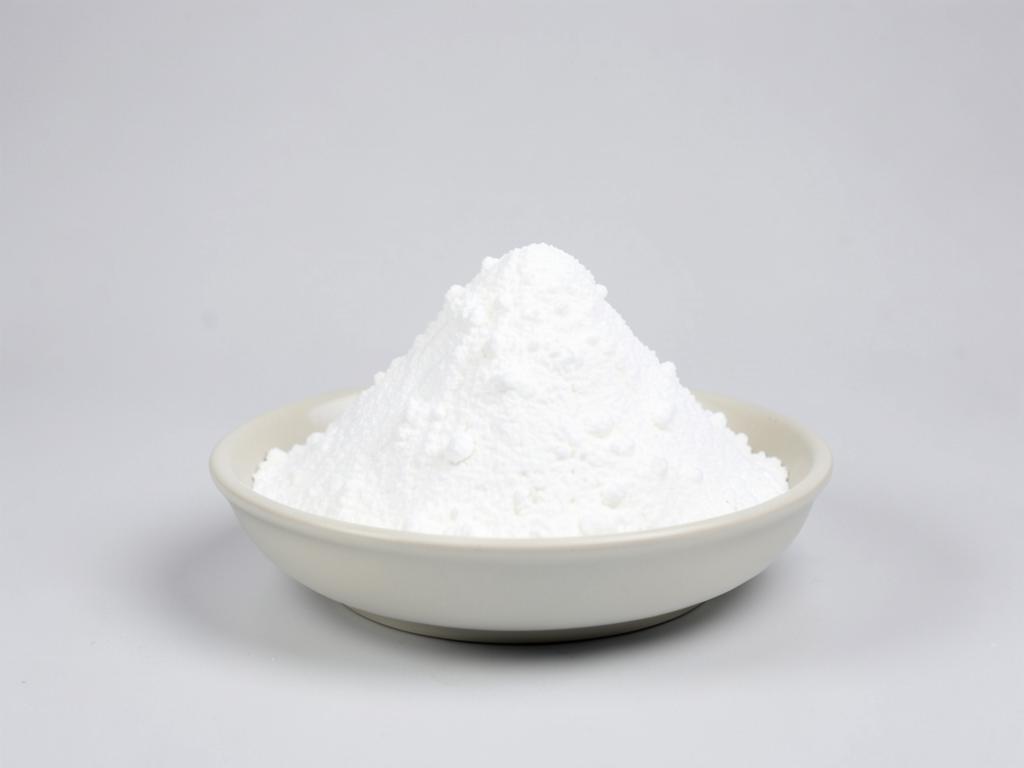 Corn syrup solids shown as a free-flowing white granular powder in a shallow dish in a neutral studio photograph