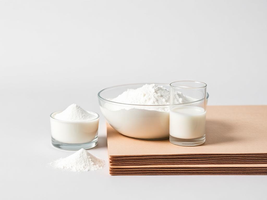 Bowl of white corrugating starch powder beside a prepared adhesive sample and corrugated board on a neutral studio background
