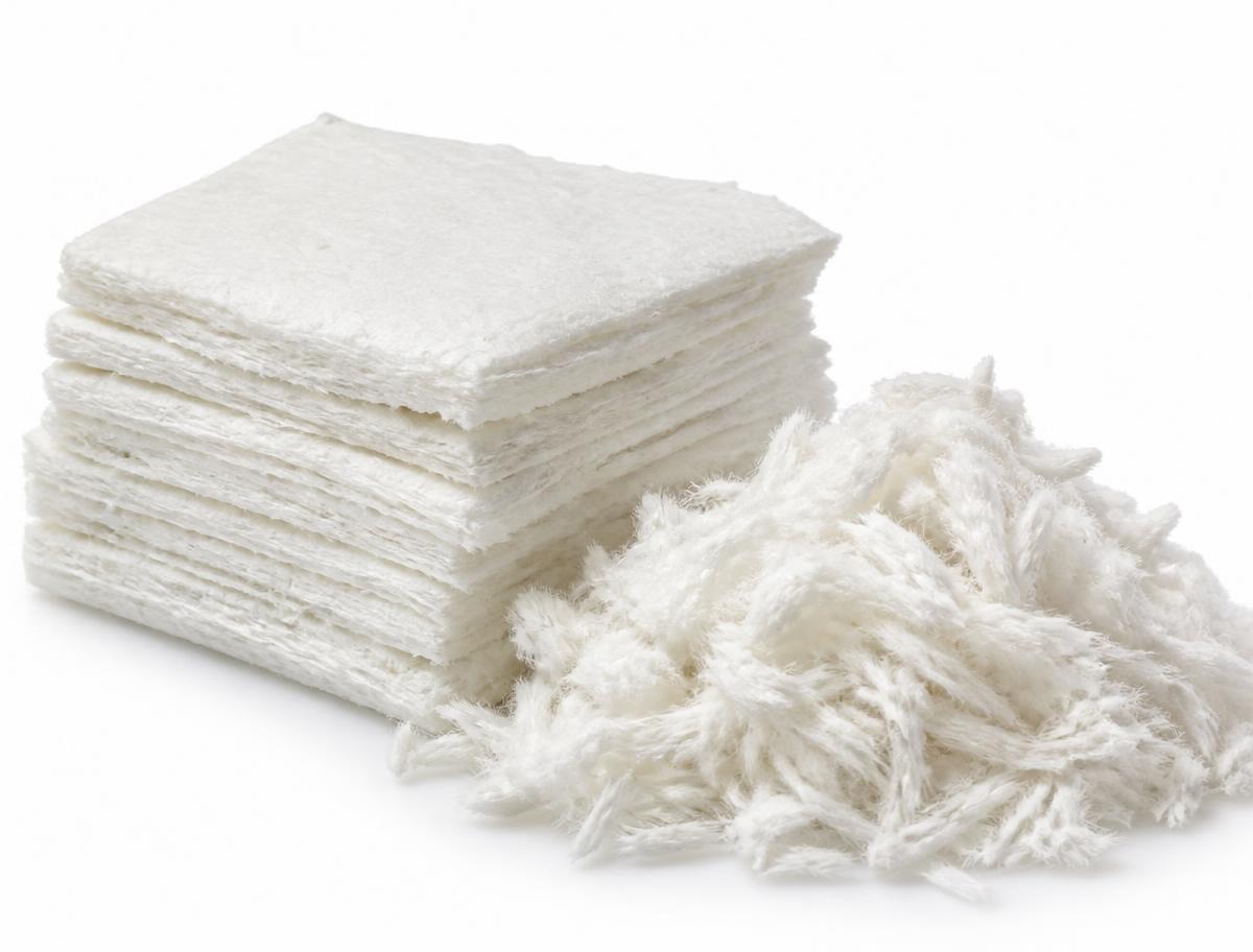 Stack of white cotton linter pulp sheets beside a loose tuft of short cotton linter fibres