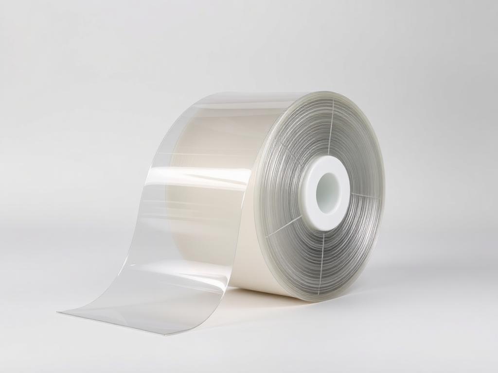 Reel of clear cast polypropylene sealant film on a neutral studio background