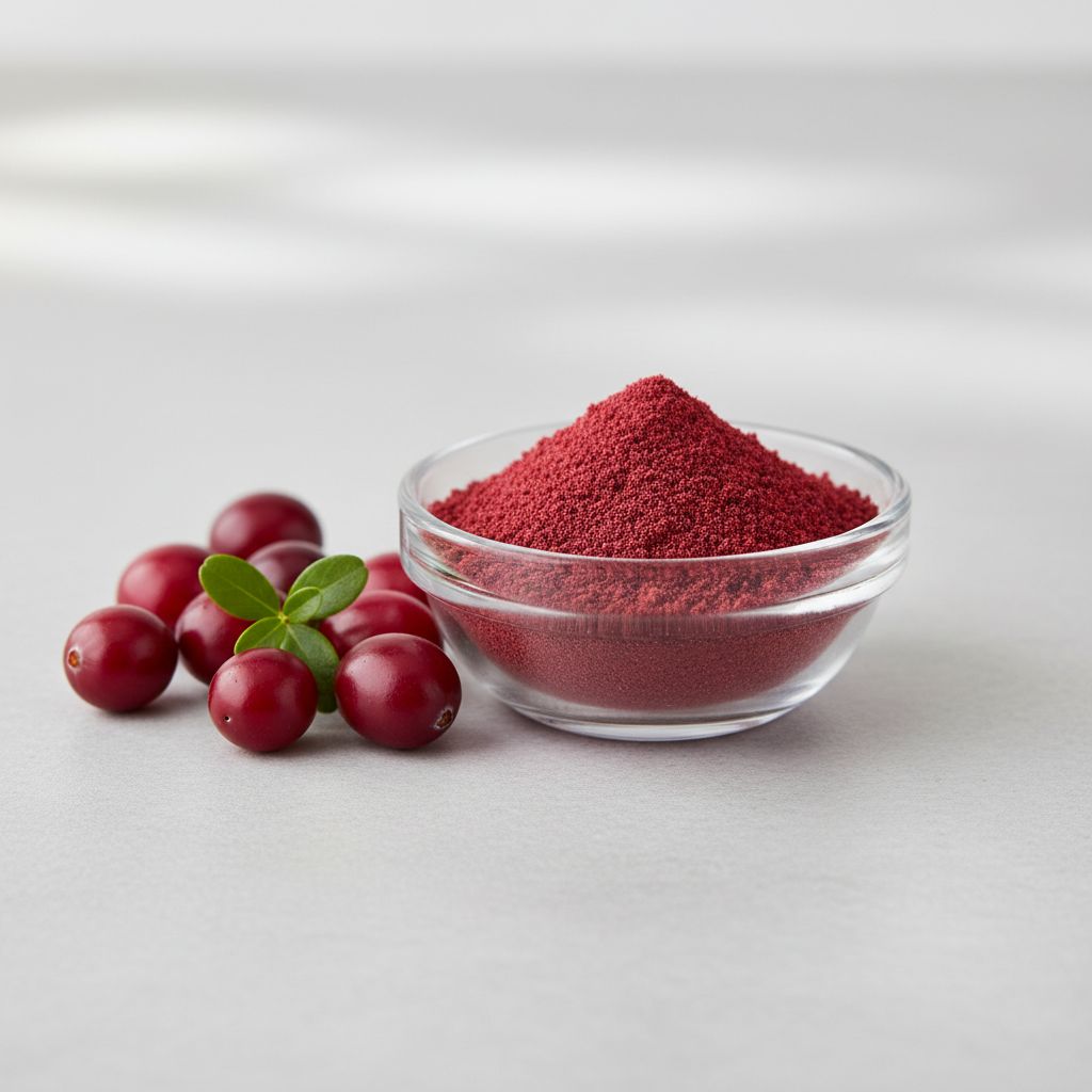 Illustrative studio sample of Cranberry Juice Powder beside Vaccinium macrocarpon source material