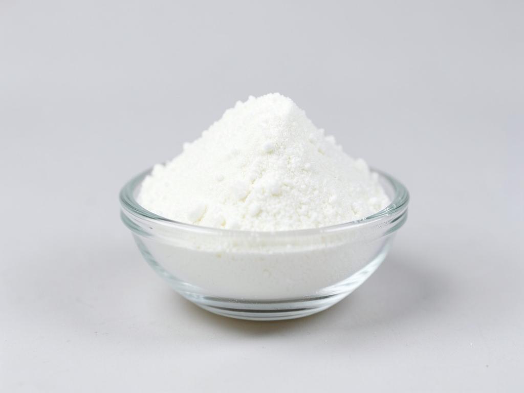 Cream of tartar shown as bright white fine crystalline powder heaped in a small glass dish in a neutral studio photograph