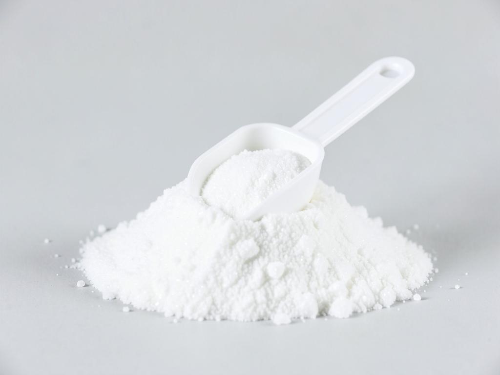 Creatine monohydrate shown as a fine bright white crystalline powder with a scoop in a neutral studio photograph