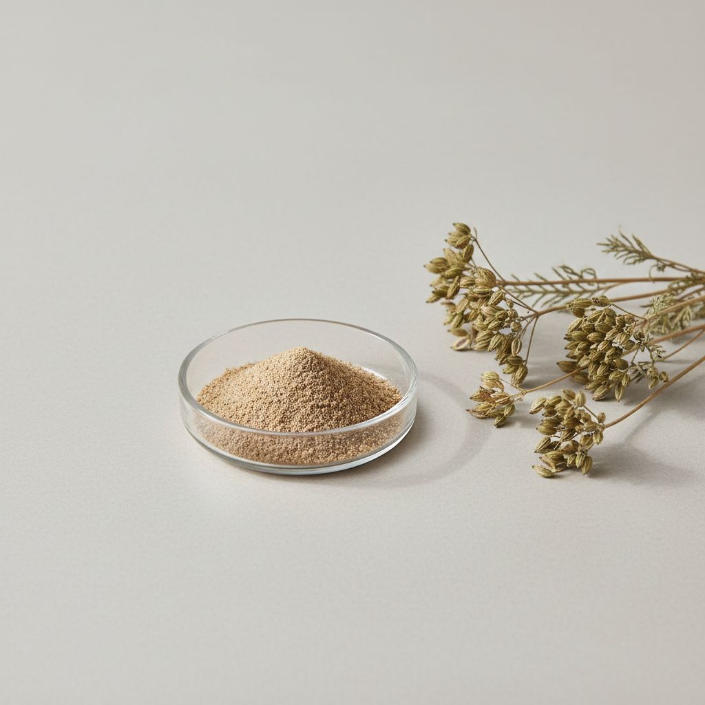 Illustrative studio sample of Cumin Extract beside Cuminum cyminum source material