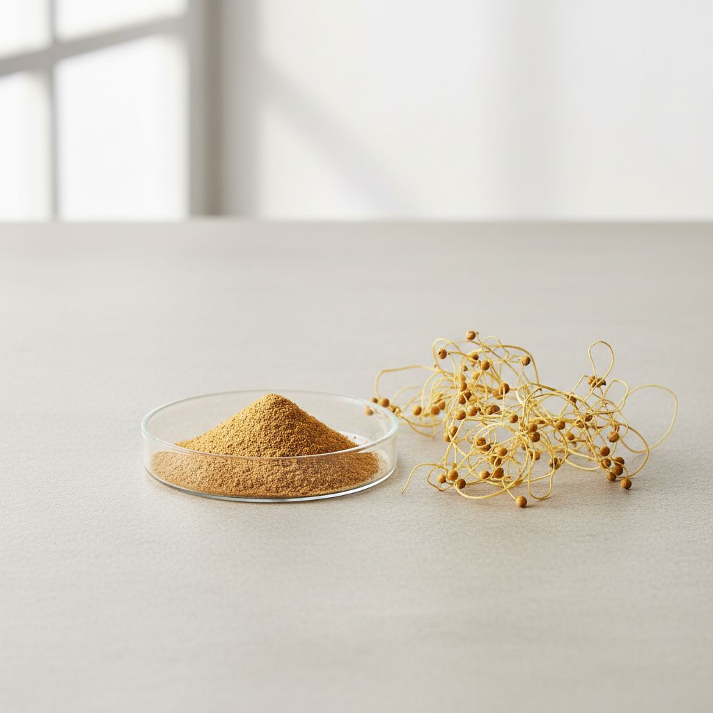 Illustrative studio sample of Cuscuta Seed Extract beside Cuscuta chinensis source material