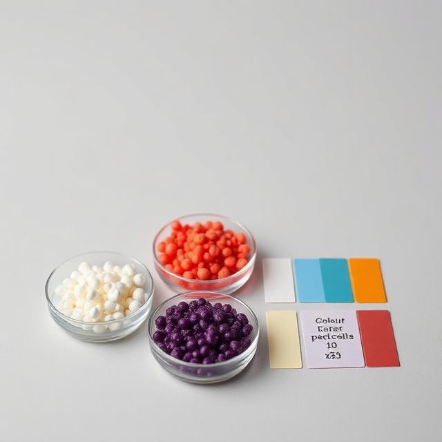 Laboratory colour matching of polymer pellets shown as a neutral studio product photograph