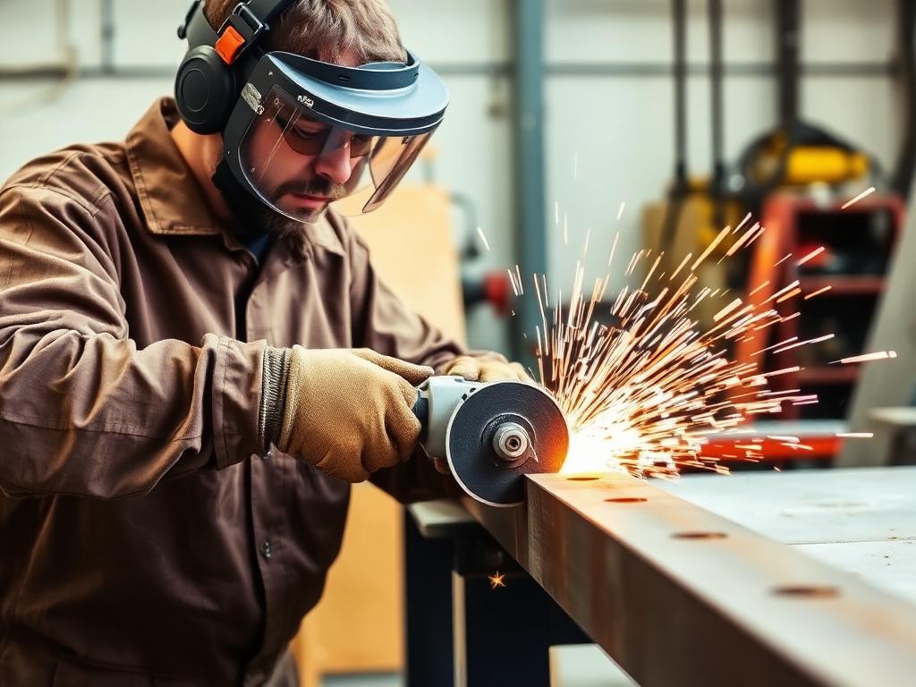 Operator cutting a steel section with a guarded angle grinder fitted with a thin abrasive cut-off wheel