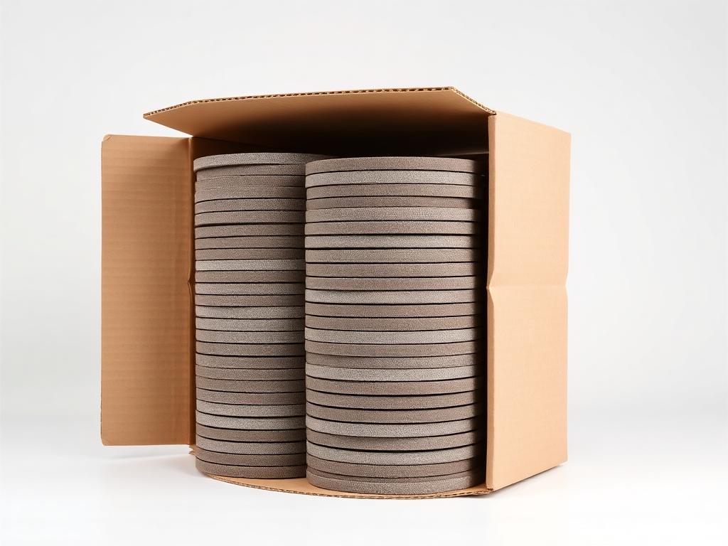Open box tightly packed with unbranded thin abrasive cut-off wheels stacked on edge