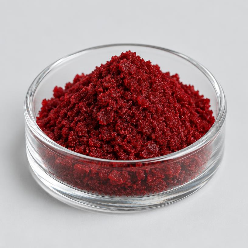 Cyanocobalamin — Food & Nutraceutical Grade — studio photograph of dark red crystalline powder or standardised dilution, presented as a B2B sourcing category illustration