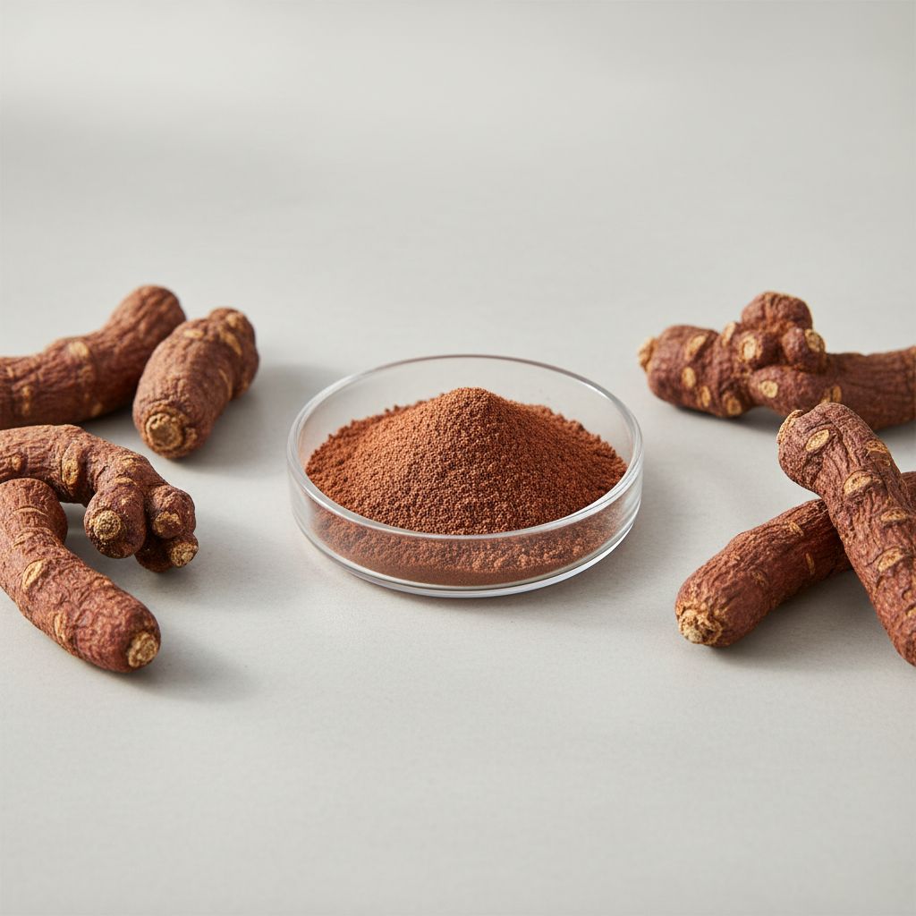 Illustrative studio sample of Cynomorium Extract beside Cynomorium songaricum source material