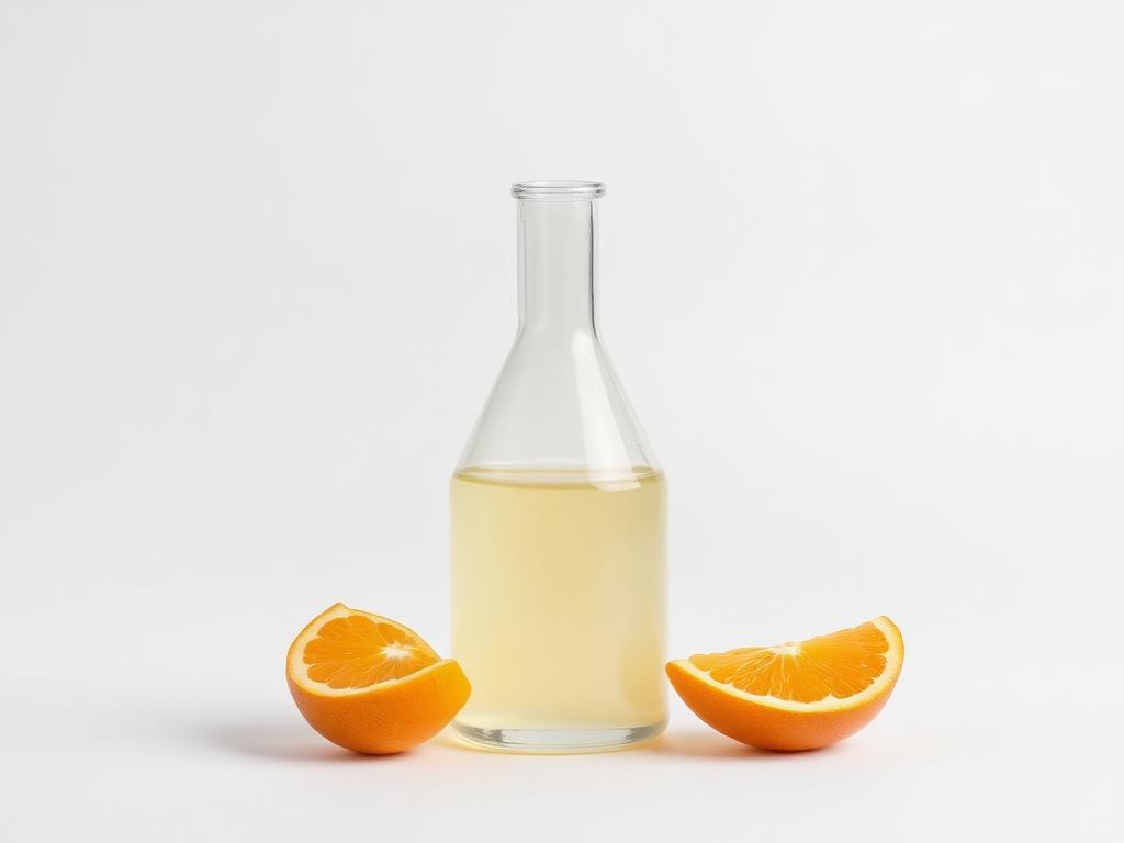 Clear pale yellow d-limonene citrus solvent in a laboratory flask beside fresh orange halves on a bright neutral studio background