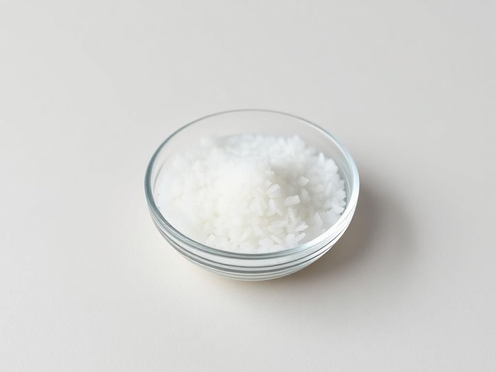 D-mannitol shown as a neutral studio photograph of white crystalline granules in a plain glass dish