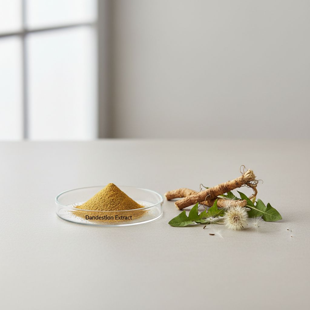 Illustrative studio sample of Dandelion Extract beside Taraxacum officinale source material