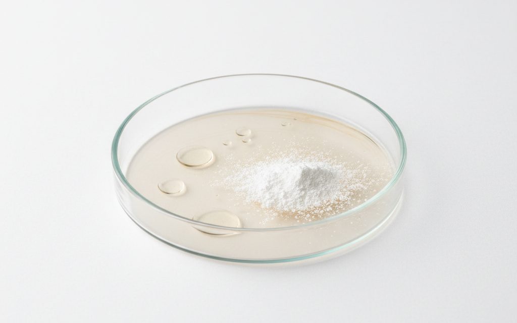 Grade confirmed at quotation — clear, colorless to pale amber liquid or white crystalline powder with a characteristic sharp, pungent chemical aroma, studio product photograph