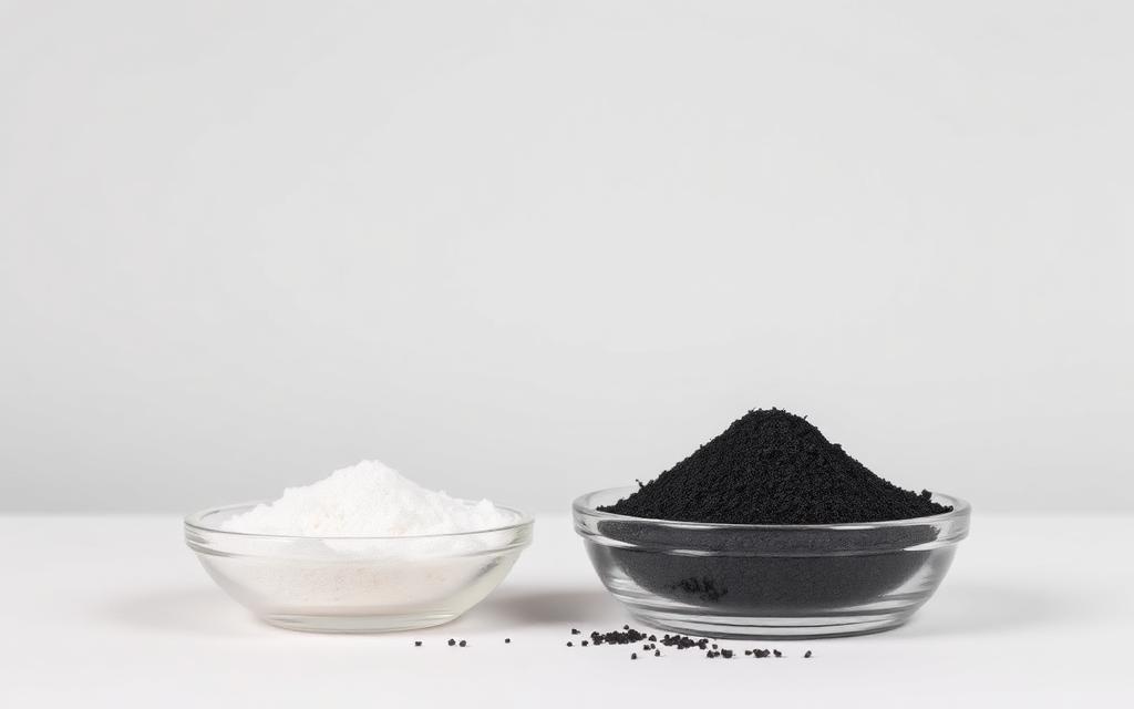 Studio category illustration for dechlorination & reducing agents — granular activated carbon beside white crystalline powder in glass dishes