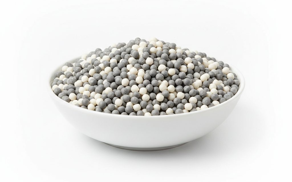 Grade confirmed at quotation — solid grey or off-white plastic pellets with a matte surface, designed for easy gravity feeding into extrusion machinery, studio product photograph