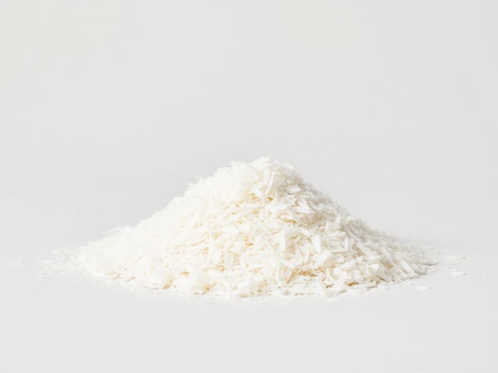Mound of white desiccated shredded coconut on a neutral background