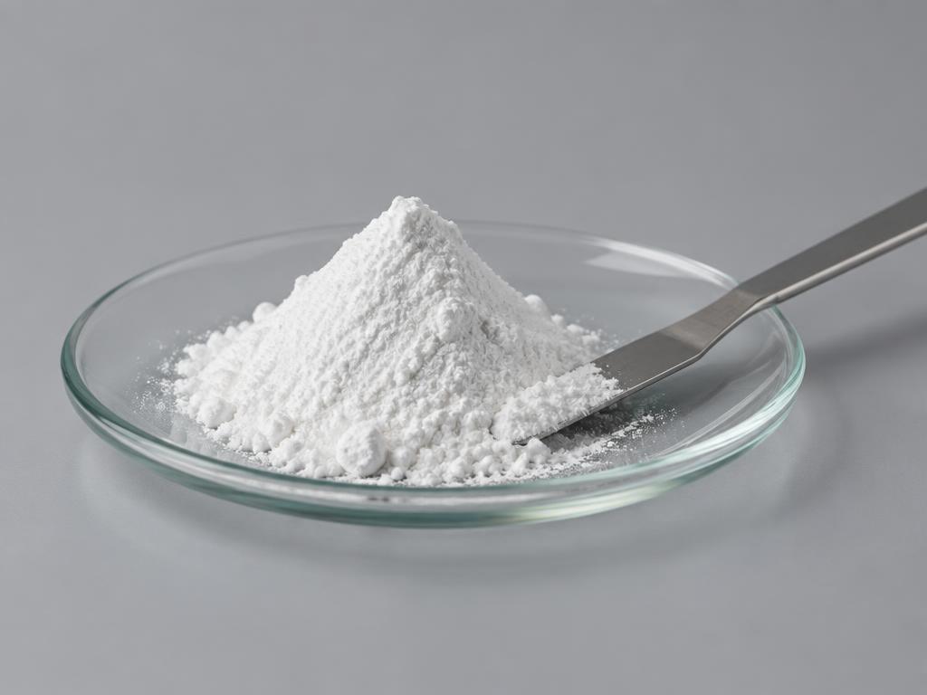 Dextrin Palmitate — studio photograph of a fine white free-flowing powder heaped on a glass dish with a spatula