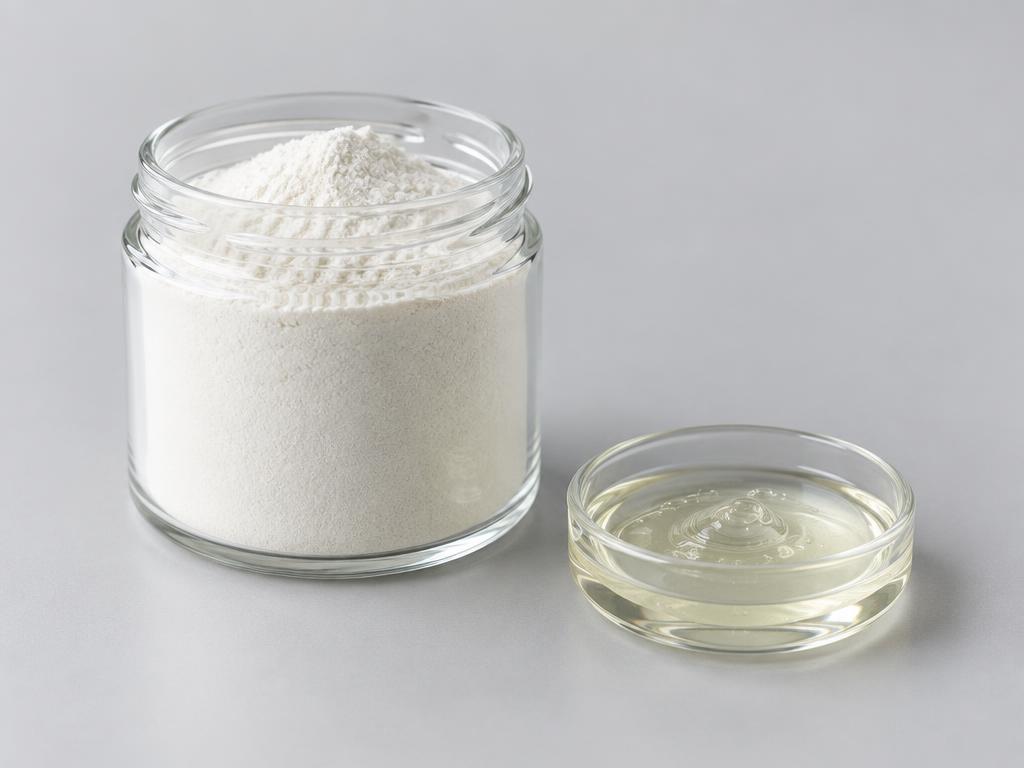 Dextrin Palmitate/Ethylhexanoate — studio photograph of a fine ivory-white powder in a glass jar beside a clear oil gel sample