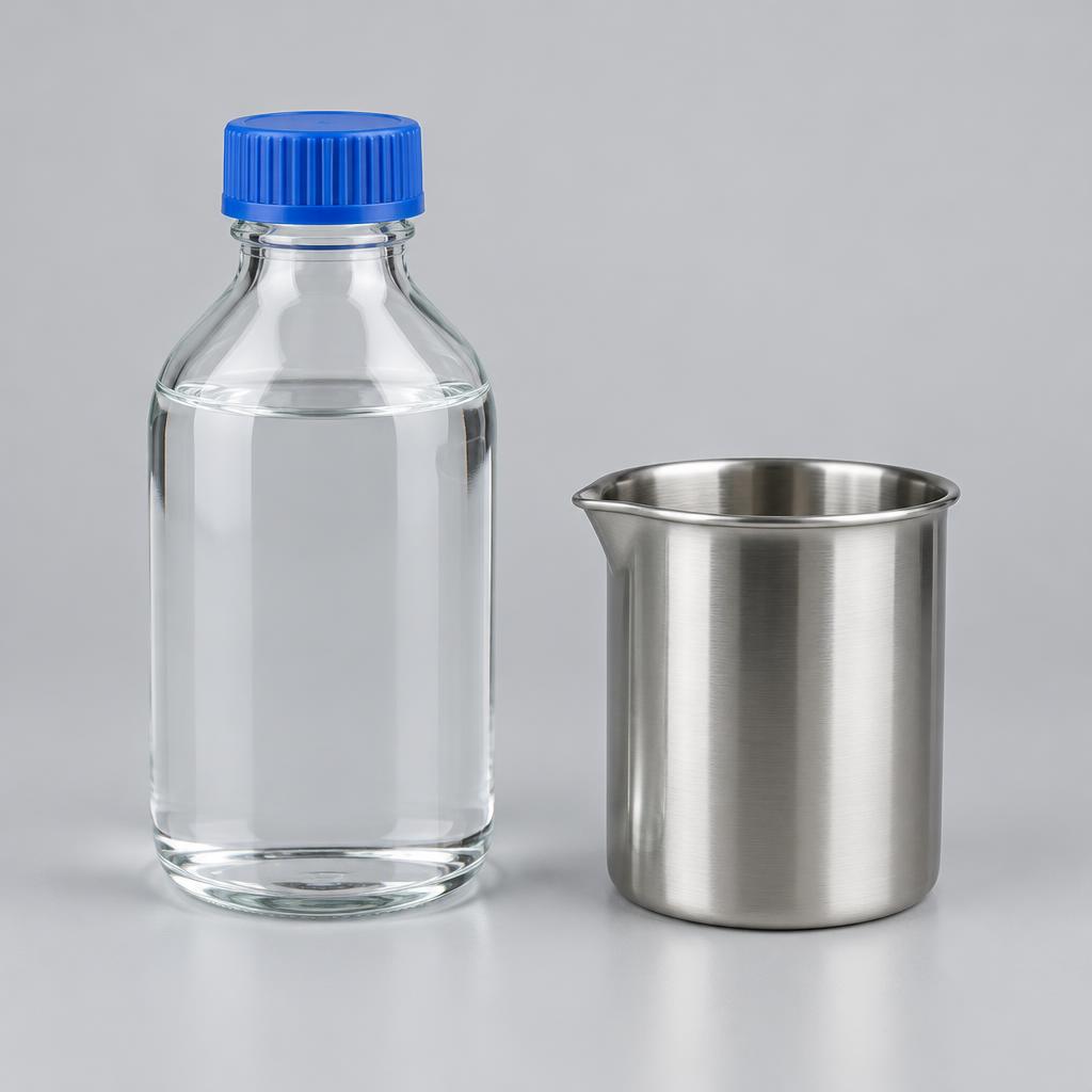 Illustrative studio sample of Diacetone Alcohol as clear colourless liquid in an unbranded laboratory bottle