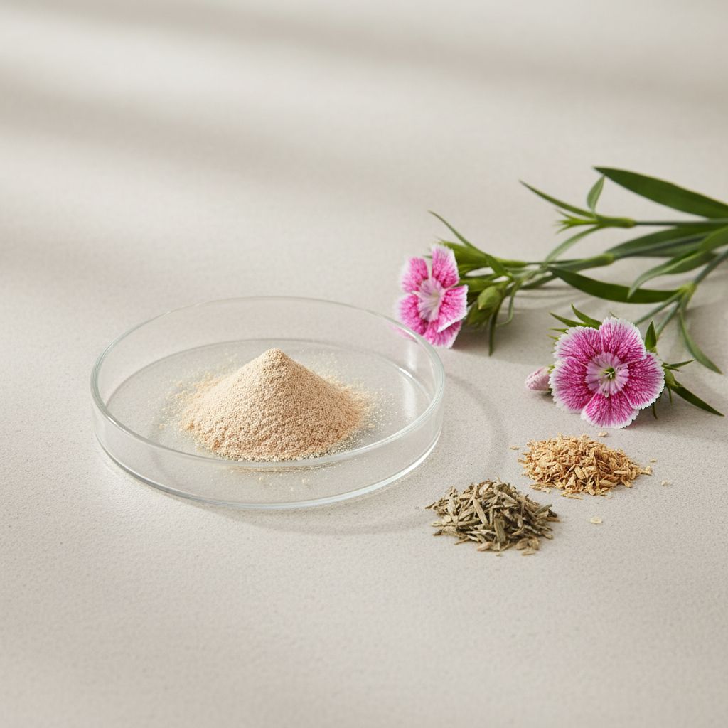 Illustrative studio sample of Dianthus Extract beside Dianthus chinensis source material