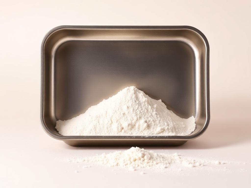 Pale chalky diatomaceous earth powder in a wide stainless steel tray with a scoop trail on a light neutral studio background