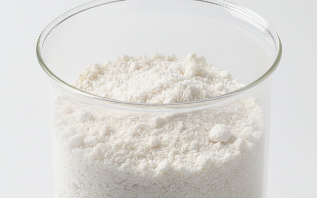 Dicalcium Phosphate — white to off-white granular powder with a dry, slightly abrasive texture, typically free-flowing and odorless in bulk storage, studio product photograph