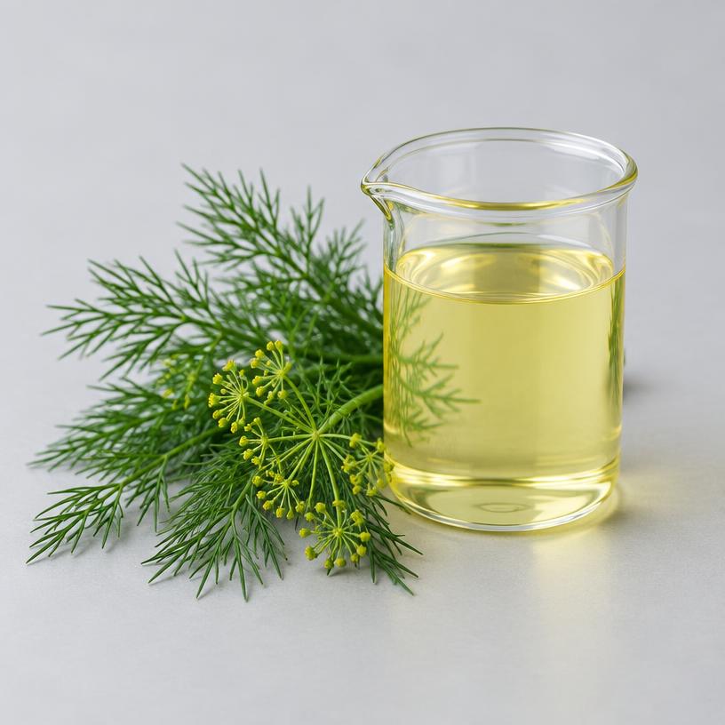 Dill Oil — Food & Flavour Grade — studio photograph of clear to pale mobile oil, presented as a B2B sourcing category illustration