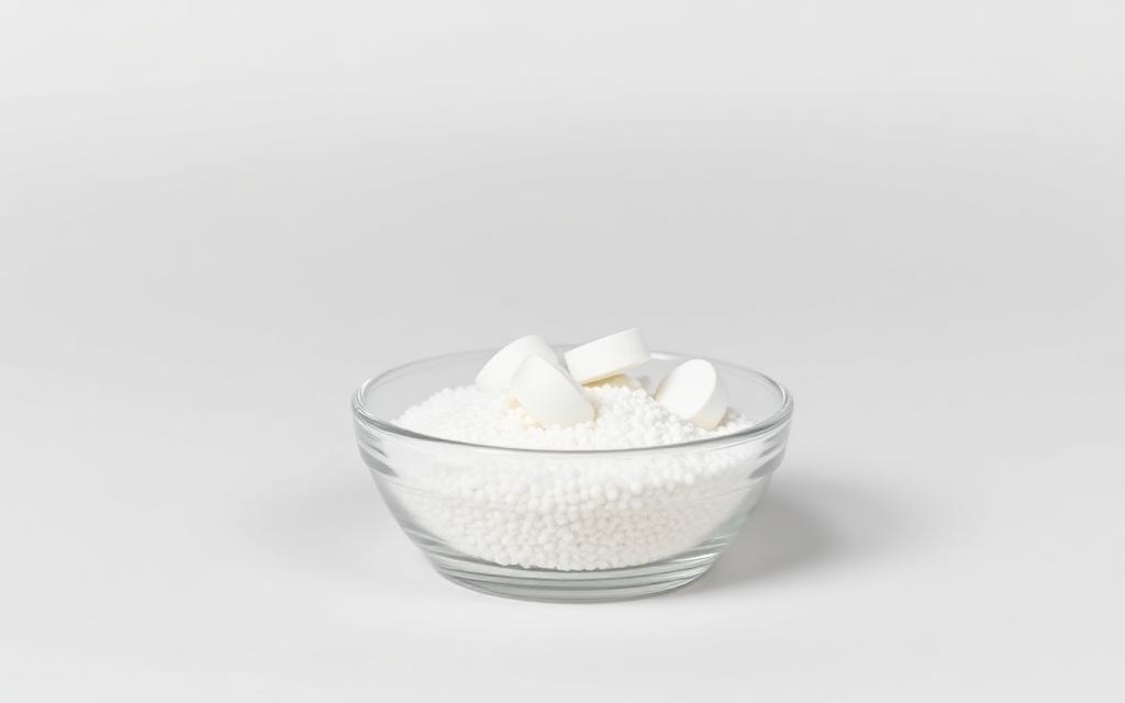 Studio category illustration for disinfection & chlorination — white chlorine tablets and granules in a plain glass dish