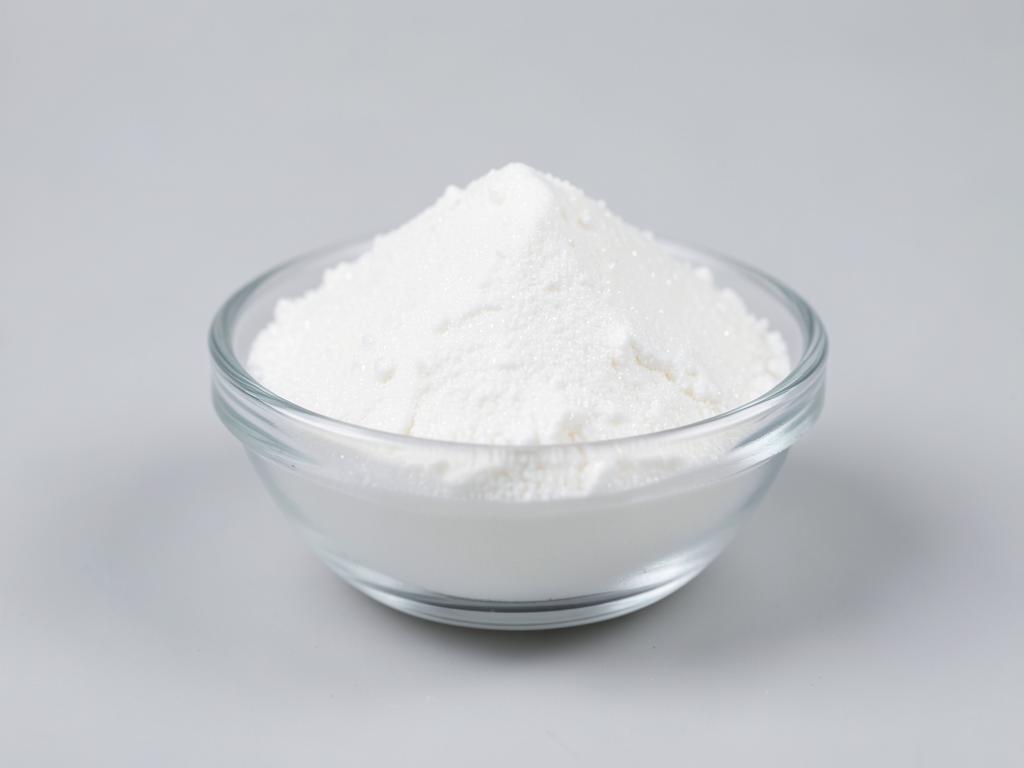 Nucleotide flavour enhancer shown as a white crystalline powder heaped in a clear glass dish in a neutral studio photograph