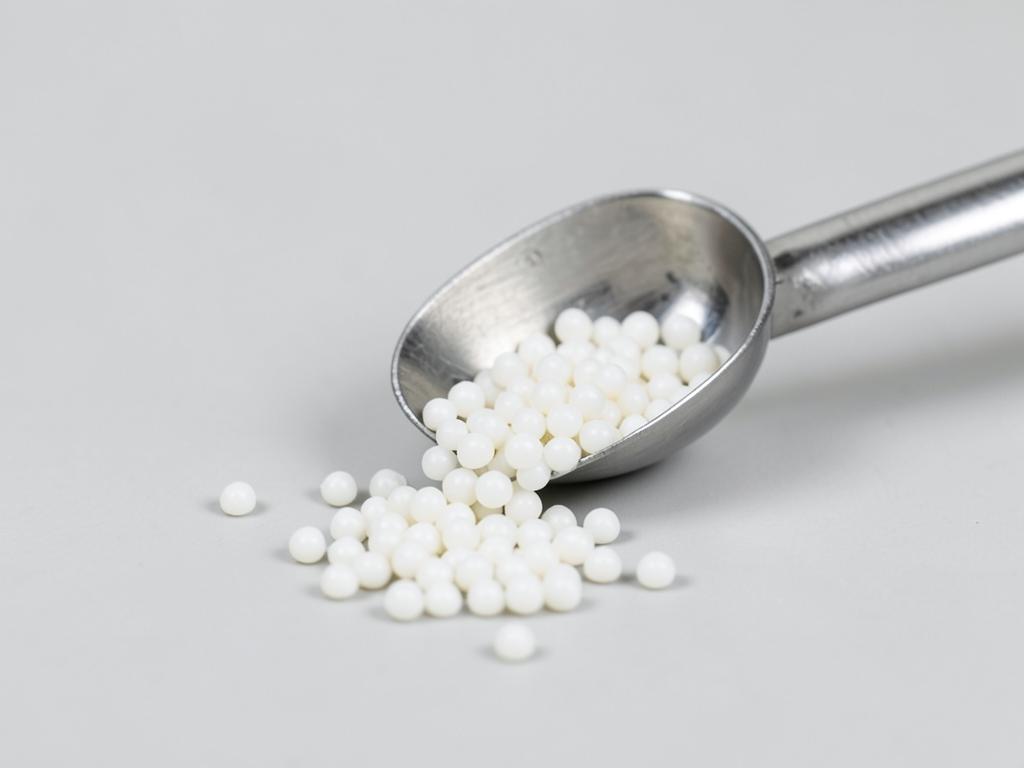 Distilled monoglycerides shown as small white waxy beads spilling from a scoop in a neutral studio photograph