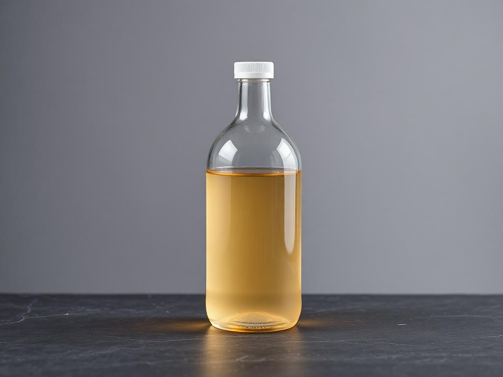 Clear glass bottle of pale amber dithiophosphate collector liquid on a dark slate laboratory surface against a neutral grey background