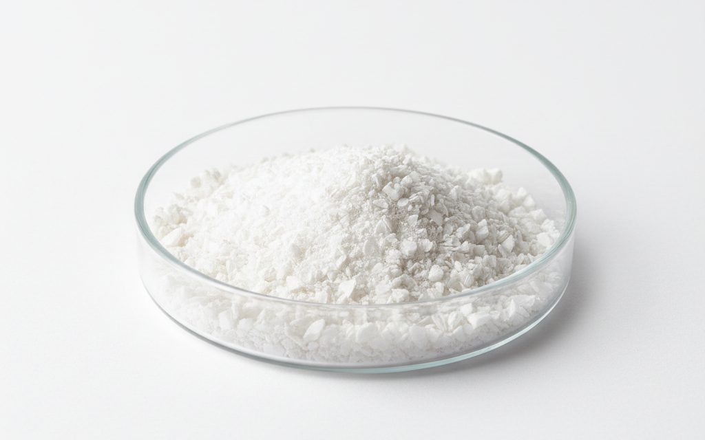 DL-Methionine — white to light grey crystalline powder or small plates with a distinct, strong sulfur-like odor and a dry, gritty texture, studio product photograph