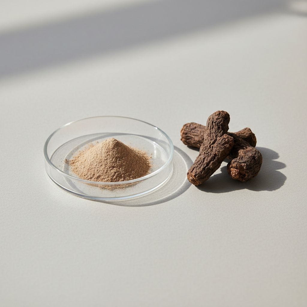 Illustrative studio sample of Drynaria Rhizome Extract beside Drynaria roosii source material