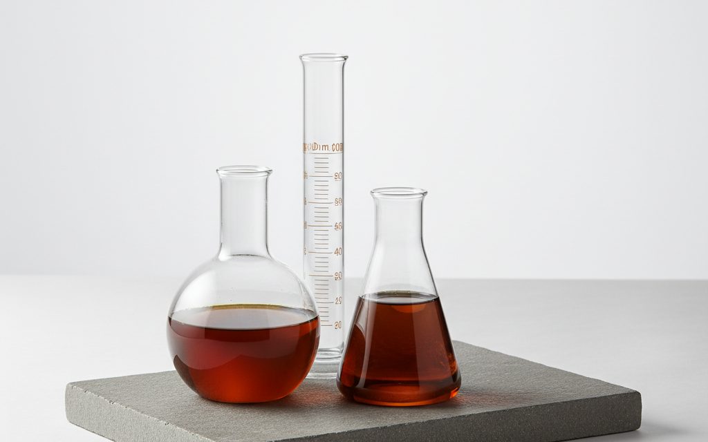 Grade confirmed at quotation — dark amber to brown, clear liquid with a distinct odor; appears as a dense, acidic solution in laboratory glassware, studio product photograph