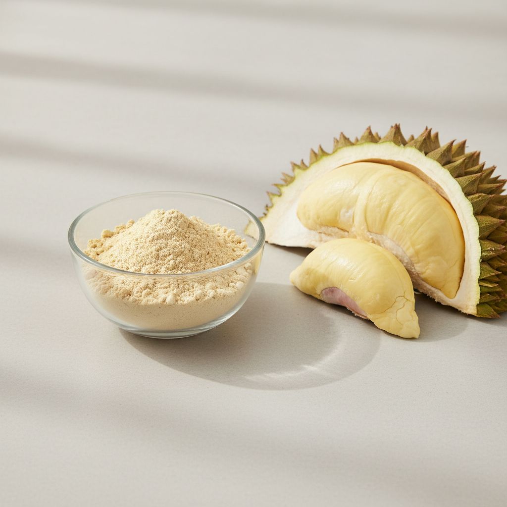Illustrative studio sample of Durian Fruit Powder beside Durio zibethinus source material