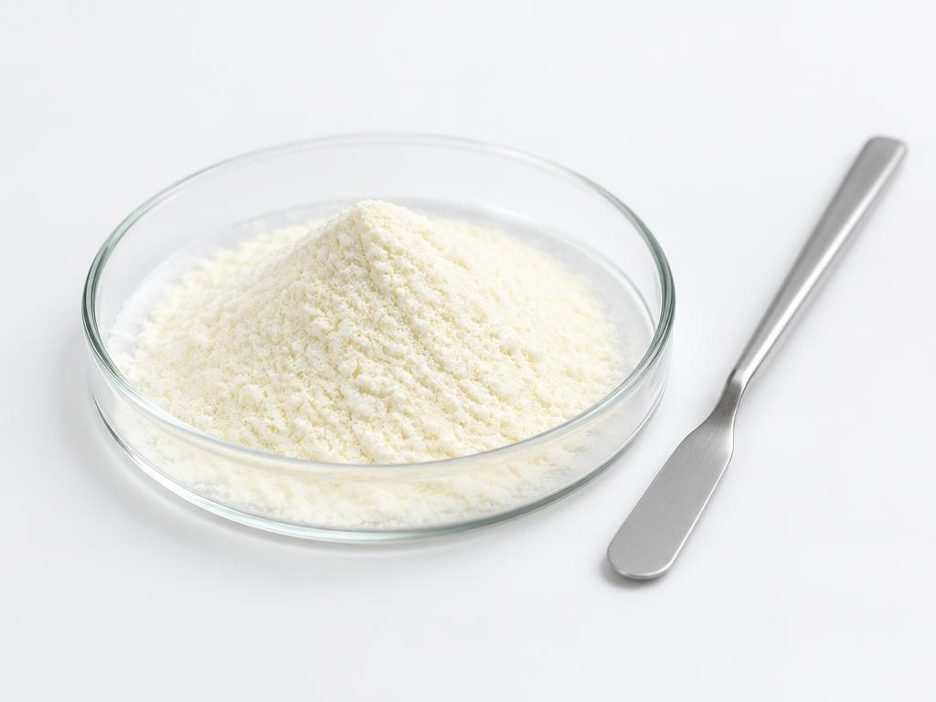 Pale peptide powder in a petri dish — generic product illustration