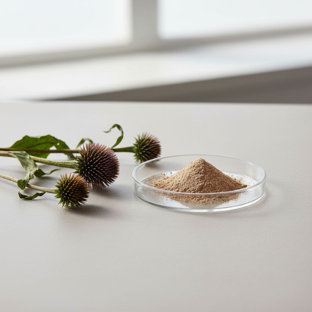 Illustrative studio sample of Echinacea Extract beside Echinacea purpurea source material