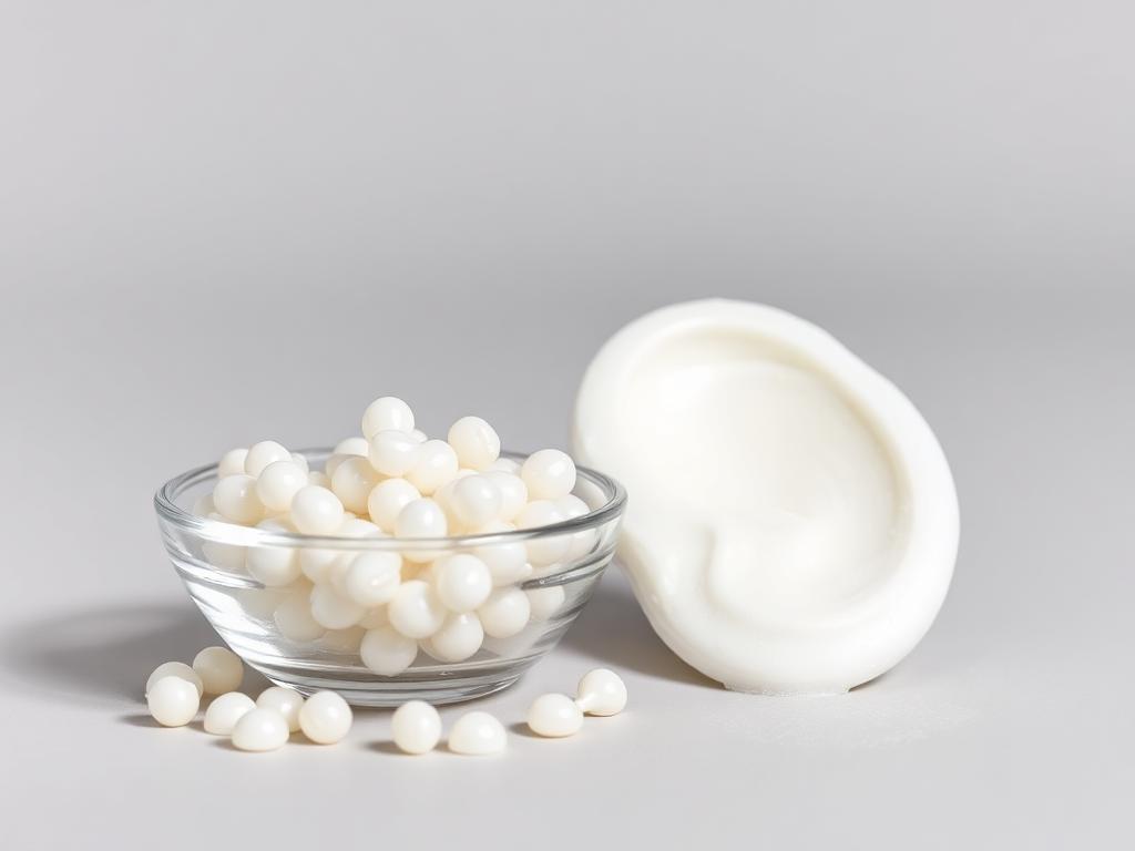 Glossy white pearly ethylene glycol distearate beads in a glass dish beside a pearlised white cream swatch on a neutral studio background