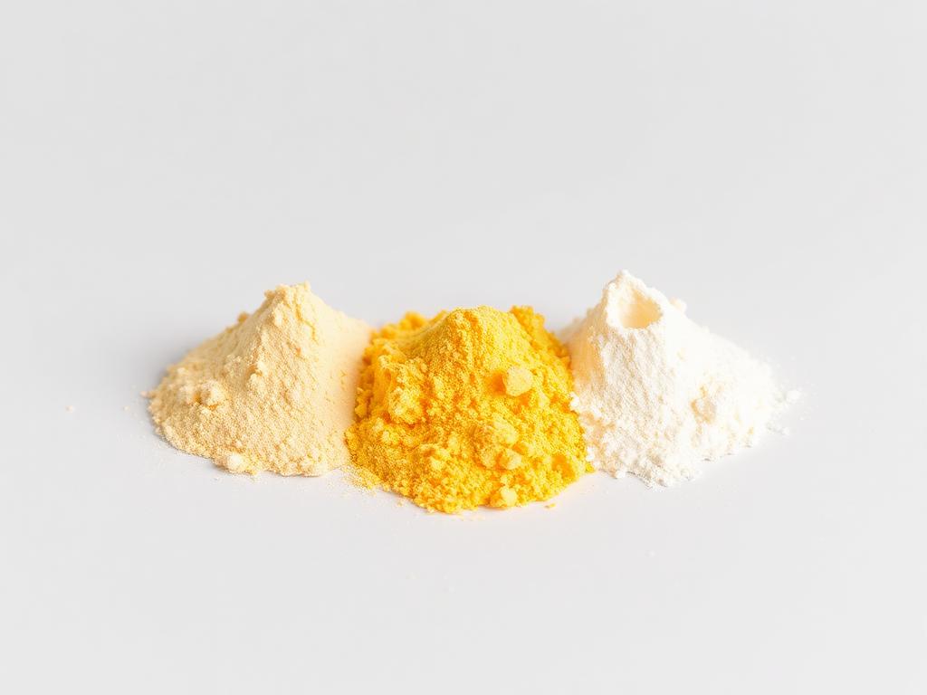 Three mounds of dried egg powder — whole egg, yolk and albumen — side by side
