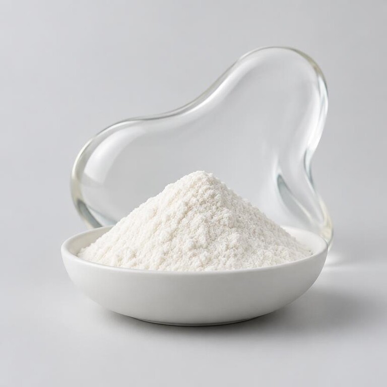 Illustrative studio sample of fine ivory Egg White Peptide powder with an abstract albumen-inspired glass form