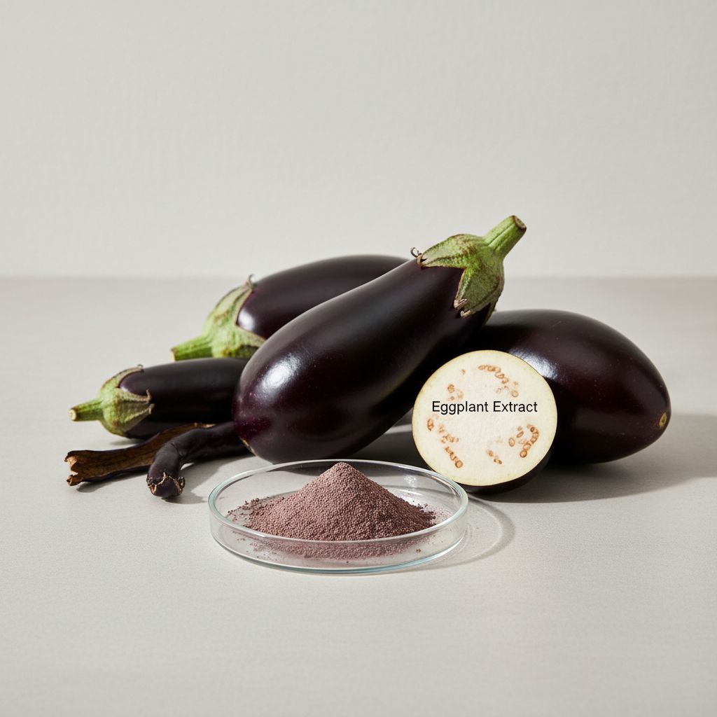 Illustrative studio sample of Eggplant Extract beside Solanum melongena source material