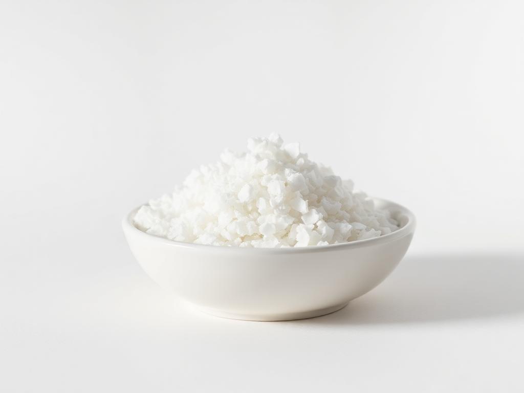 White waxy ethylene glycol monostearate flakes heaped in a white ceramic dish on a bright neutral studio background