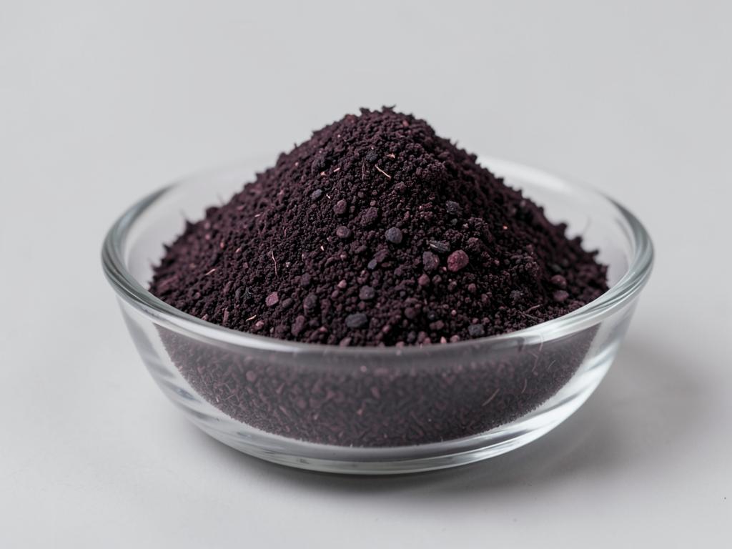 Elderberry Fruit Powder shown as a fine dried fruit or vegetable powder in a shallow dish in a neutral studio photograph