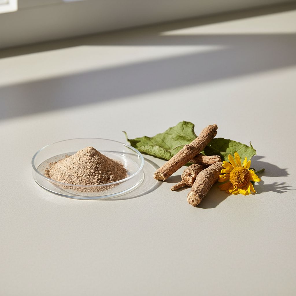 Illustrative studio sample of Elecampane Root Extract beside Inula helenium source material