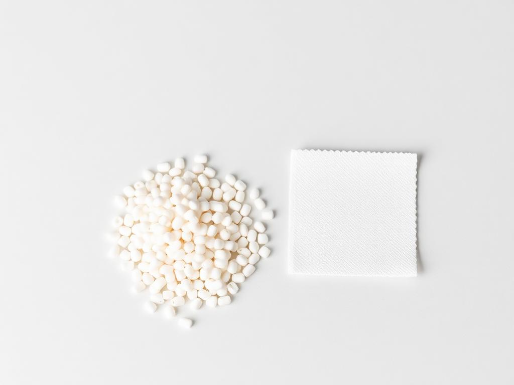 Small heap of white electret masterbatch pellets beside a square of melt-blown nonwoven web on a neutral studio background