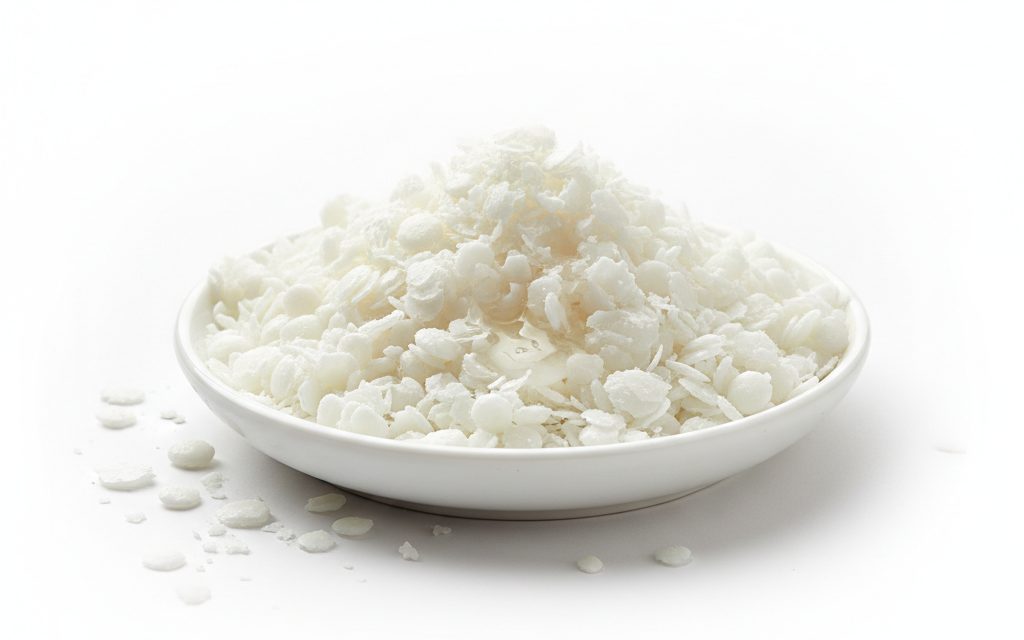 Grade confirmed at quotation — white to off-white waxy pastilles or flakes with a faint characteristic odor, melting into a clear, colorless liquid, studio product photograph